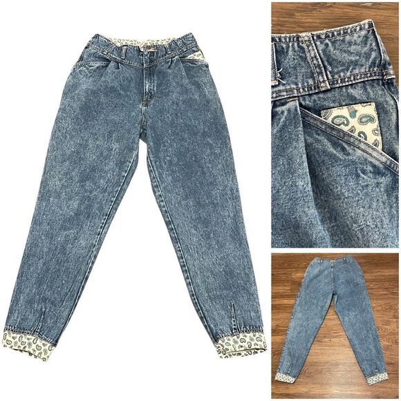 Vintage Rare Prezzia High Rise Acid Wash Tapered Blue Jeans Paisley Trim 12 - Picture 1 of 14
